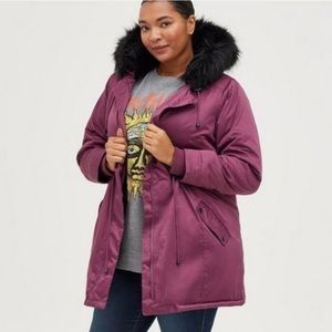 Torrid Twill Violet Fur Trimmed Parka Coat, Size 2, NWT!